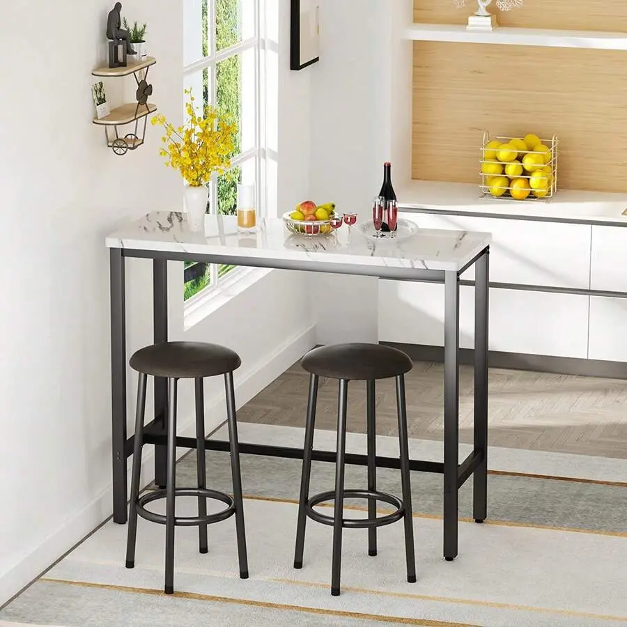 3 Piece Pub Dining Set, Modern Faux Counter Height Bistro Bar Table Set with 2 PU Leather Bar Stools, Space Saving Rectangular Dining Table and Chairs Set, Dining Room, Bar, Small Aaprtment