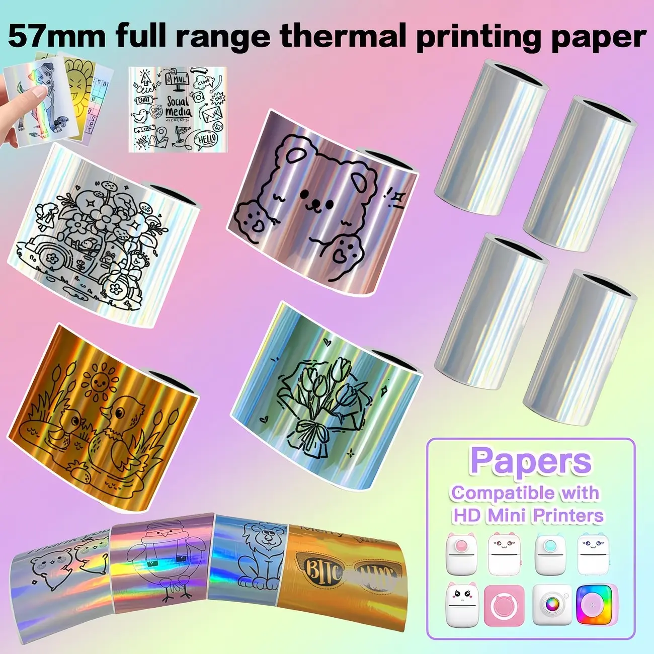 4 Rolls Holographic Heat-Activated Paper, Rainbow Flash Stickers, Barcode, Name, DIY Custom Logo Design, Compatible with C9/c15/x6/t02/mini Printers, Stickers Included
