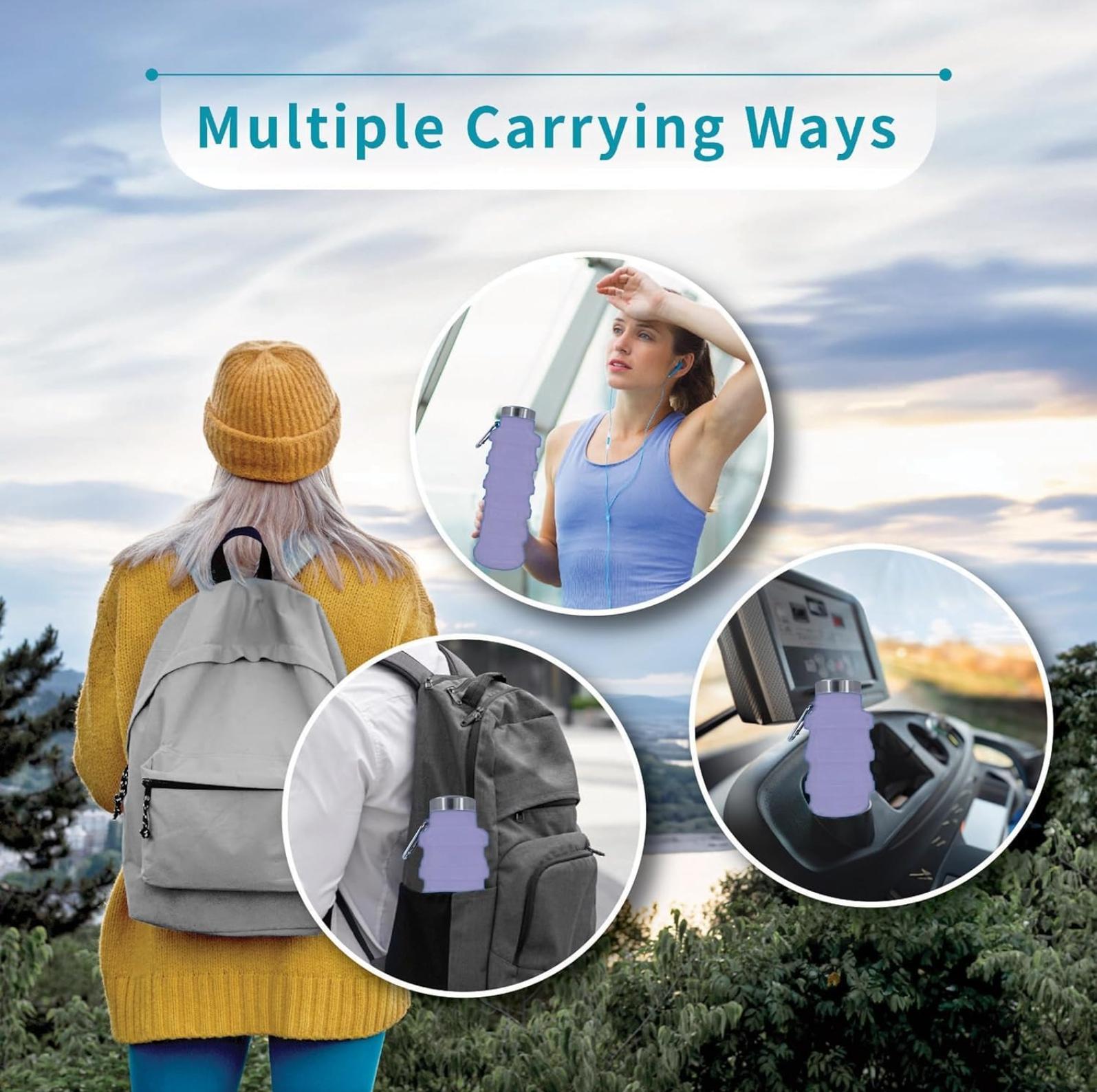 Collapsible Silicone Water Bottle, Leak-Proof Foldable Reusable Bottle with Carabiner, Portable Sports Water Bottle for Travel Gym Hiking Camping Cycling