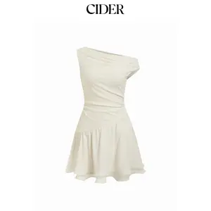 Cider Asymmetrical Neck Paisley Lace Ruched Flared Mini Dress Dealsforyou