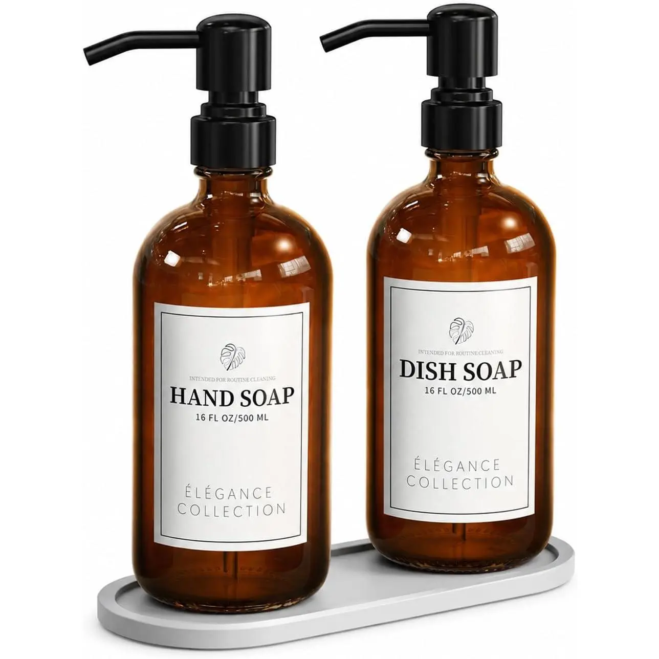 Fachixy Matte Black Modern Farmhouse Amber Glass Soap Dispenser (2 Pack), 16 Fl Oz Hand & Dish Soap Bottles with Leak-Resistant Stainless Steel Pump, Non-Slip Pad, 14 Waterproof Labels for Small Spaces Home Upgrade Guest-Room Kitchen Bathroom, Hand Soap