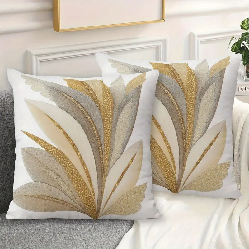 Set of 2 Cushion Covers with Golden And Beige Feather Decorative Patterns, Available in 16/18/20 Inches, Single-Sided Print, with Zipper, Machine Washable Polyester, Suitable for Sofas, Beds, And Festive Home Decor, Pillow Inserts Not Included