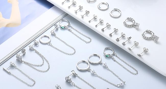 BESTEEL 27 PCS Dainty Gold Earrings Set for Women 14K Gold Plated Stud Huggie Hoop Earring Sets for Multiple Piercing Hypoallergenic Surgical Steel Small Dangle Chain Cartilage Earrings Stacks Pack