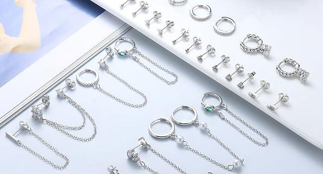 BESTEEL 27 PCS Dainty Gold Earrings Set for Women 14K Gold Plated Stud Huggie Hoop Earring Sets for Multiple Piercing Hypoallergenic Surgical Steel Small Dangle Chain Cartilage Earrings Stacks Pack