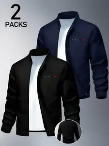 Men's Lightweight Casual Streetwear Jacket, Long Sleeve, Letter Print Design, Fitted Style, Moderate Fabric, Perfect for Fall & Winter Outdoor Activities