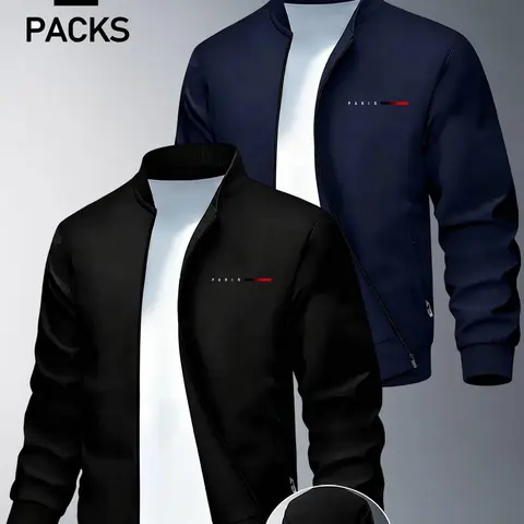Men's Lightweight Casual Streetwear Jacket, Long Sleeve, Letter Print Design, Fitted Style, Moderate Fabric, Perfect for Fall & Winter Outdoor Activities, Street Fashion Outerwear