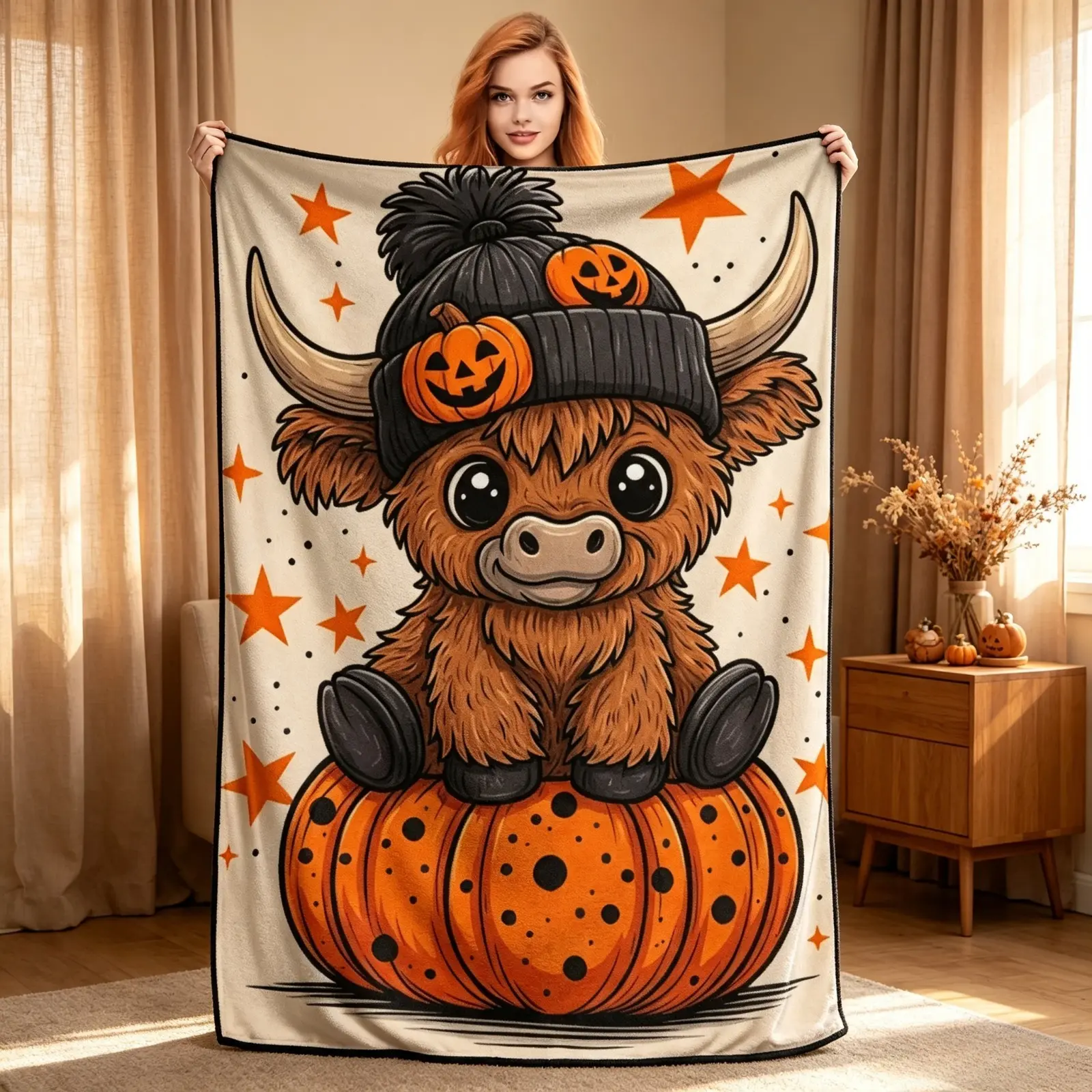 Halloween Highland Cow Pumpkin Flannel Throw Blanket, Cute Cartoon Cow with Pumpkin Hat Print, Soft Cozy Lightweight Warm Blanket for Sofa Bed Couch Camping Travel, Fall Autumn Home Decor, Thanksgiving Birthday Halloween Holiday Gift for Cow Lovers