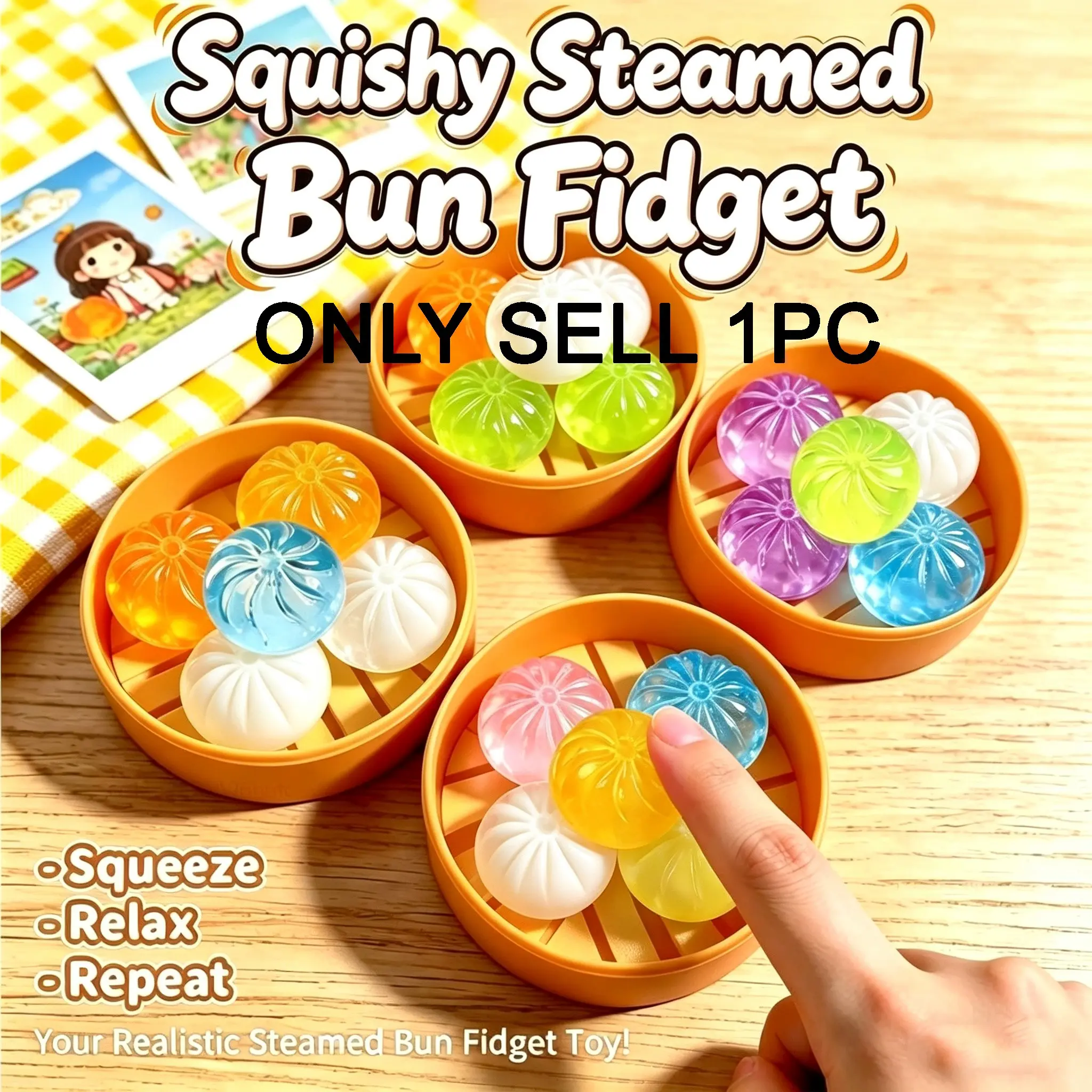 5Pcs Mini Dumplings with Steamer Bun Squeezable Toys Set Soft Stress Relief Crystal Squishy Fidget Sensory Toy Party Favors Gift