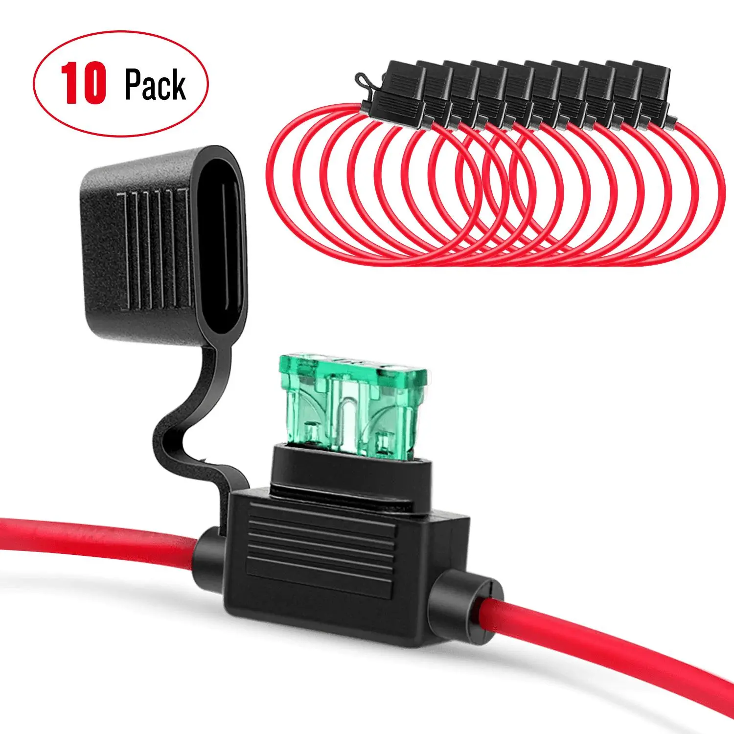 Nilight 10-Pack Heavy-Duty 14AWG Premium Wire ATC/ATO Inline Fuse Holders, Tight-Fitting Waterproof Lid, Melting Resistance, Durable Rubber Cap, Good Bending Performance, Long Wire Length, 1A-30A Compatible, Easy Installation Circuit Protection