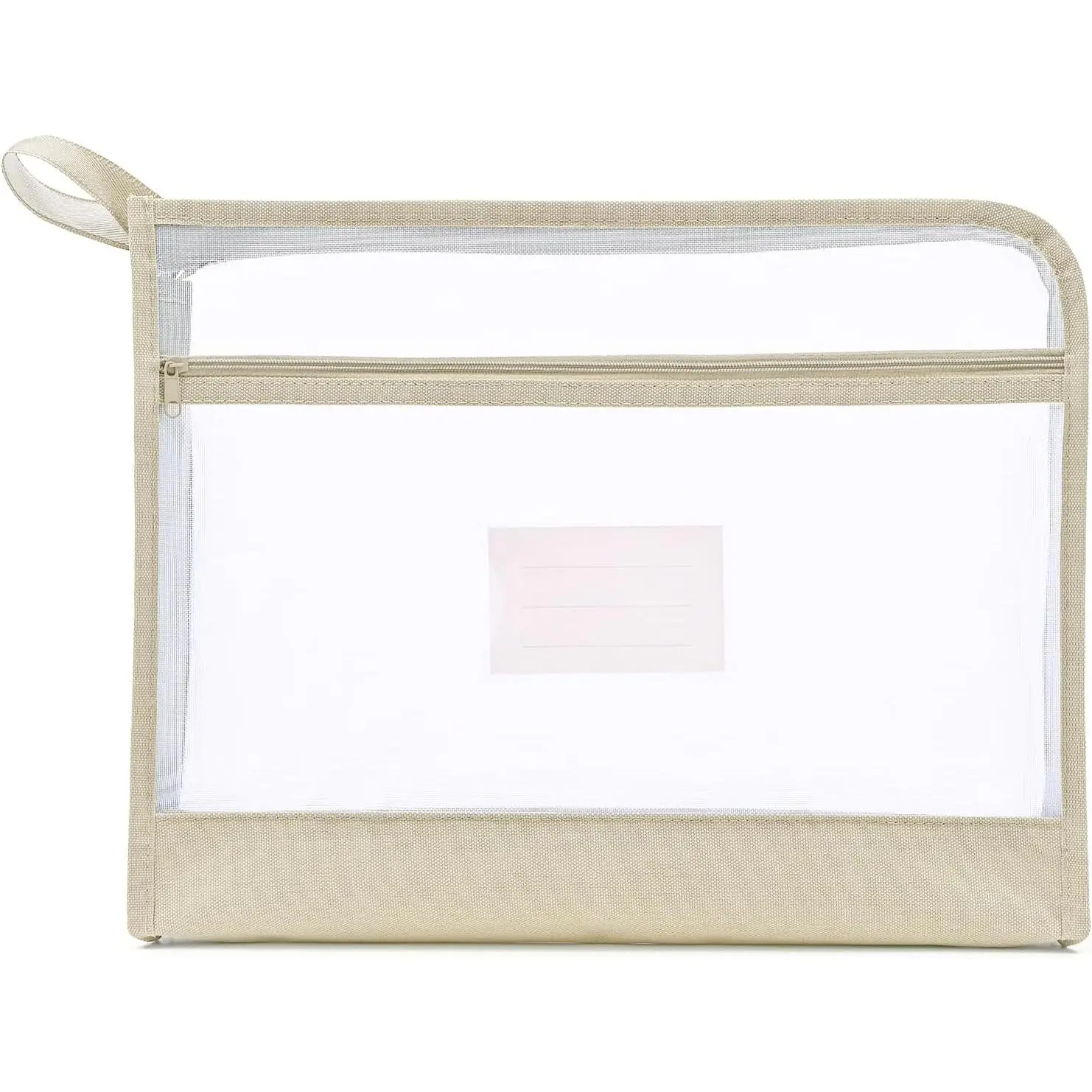 Mesh Zipper Pouch Bag with Handle, A4 Sized Double-Layer Clear Nylon Document Bags with Label, 14 x 10 in File Puzzle Storage Organizer for School Office Travel Supplies (Beige)