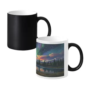 Oil Painting Style Aurora Sunset Forest Lake Heat Changing Mug 11oz White Ceramic Black Handle, Cloudy Sky Northern Lights Landscape Heat Sensitive Color Reveal Coffee Cup, Artistic Nature Gift