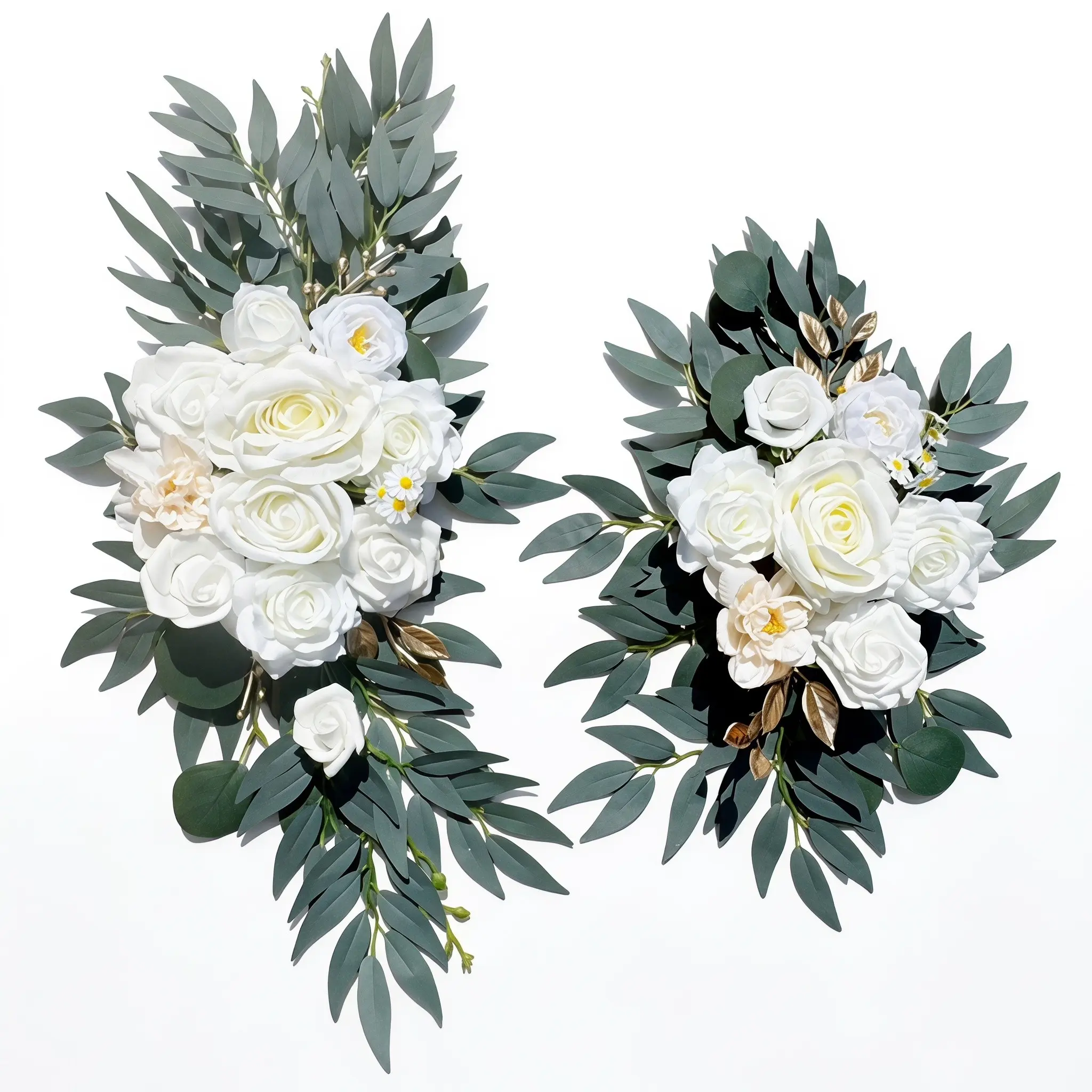 2 Pcs Artificial Flower White Rose Floral Arrangements with Gold Accents, Faux Eucalyptus Greenery Decor Set, Cream Fake Flowers for Wedding Arch, Backdrop, Table Centerpiece, Party & Home Decor Decorative Flowers
