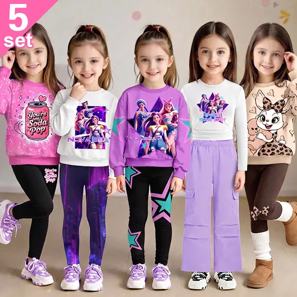 Big Girls 5‑Piece Sweatshirt Outfit Set for 8‑12Y, K‑POP Cute Cartoon Girl, Soda Can, Bunny Bear Heart Print, Long‑Sleeve Tops, Star Flare Pants & Cargo Pants, Loose Casual Fall Winter Clothes