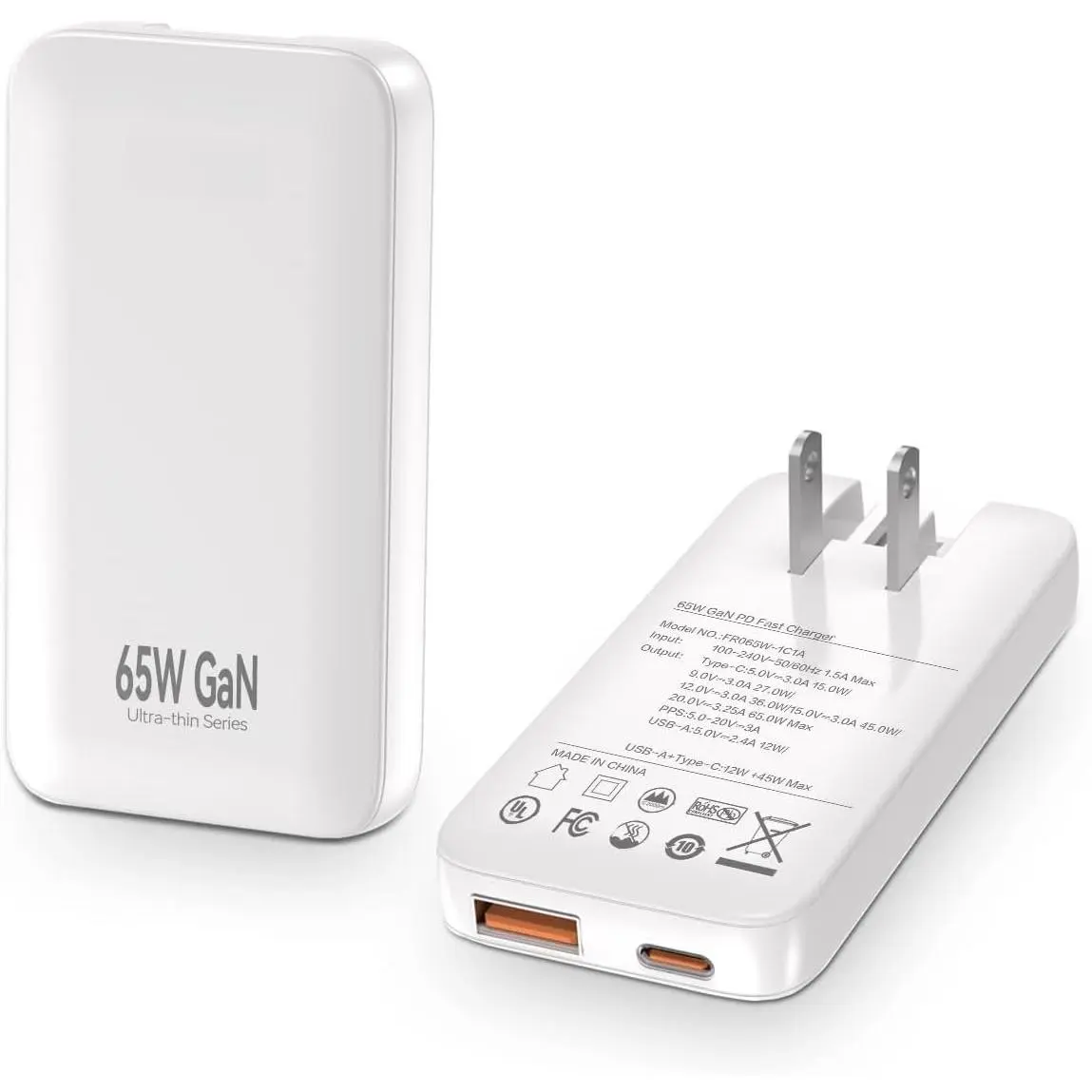 65W Flat USB c Wall Charger,Folding Travel  Port USB Wall Charger, for Laptops, Tablets, Phones, Black (White-)