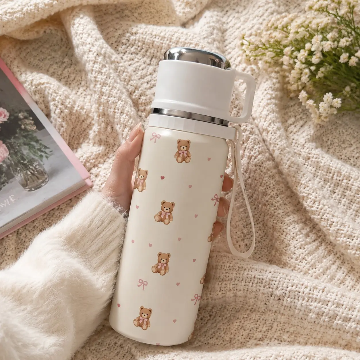 1 Pc 20oz Cute Teddy Bear Bow Insulated Tumbler with Handle, Double Wall Stainless Steel Travel Mug, Leak-Proof Lid, Keeps Drinks Cold 24hrs Hot 12hrs, Portable Cup with Wrist Strap, Kawaii Bear Design Coffee Cup, Perfect Gift for Women, Girls & Friends