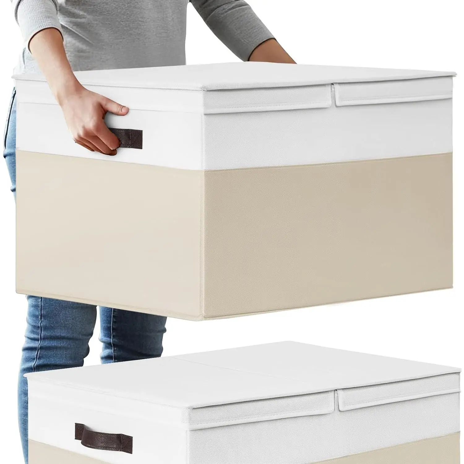 2 Pack  Blanket Storage Baskets with , 22”x16”x12” Closet Organizers Bins for Clothes Towel/  Storage Box with Lid Handles/ Stackable Decorative Fabric Bins for Living Room,