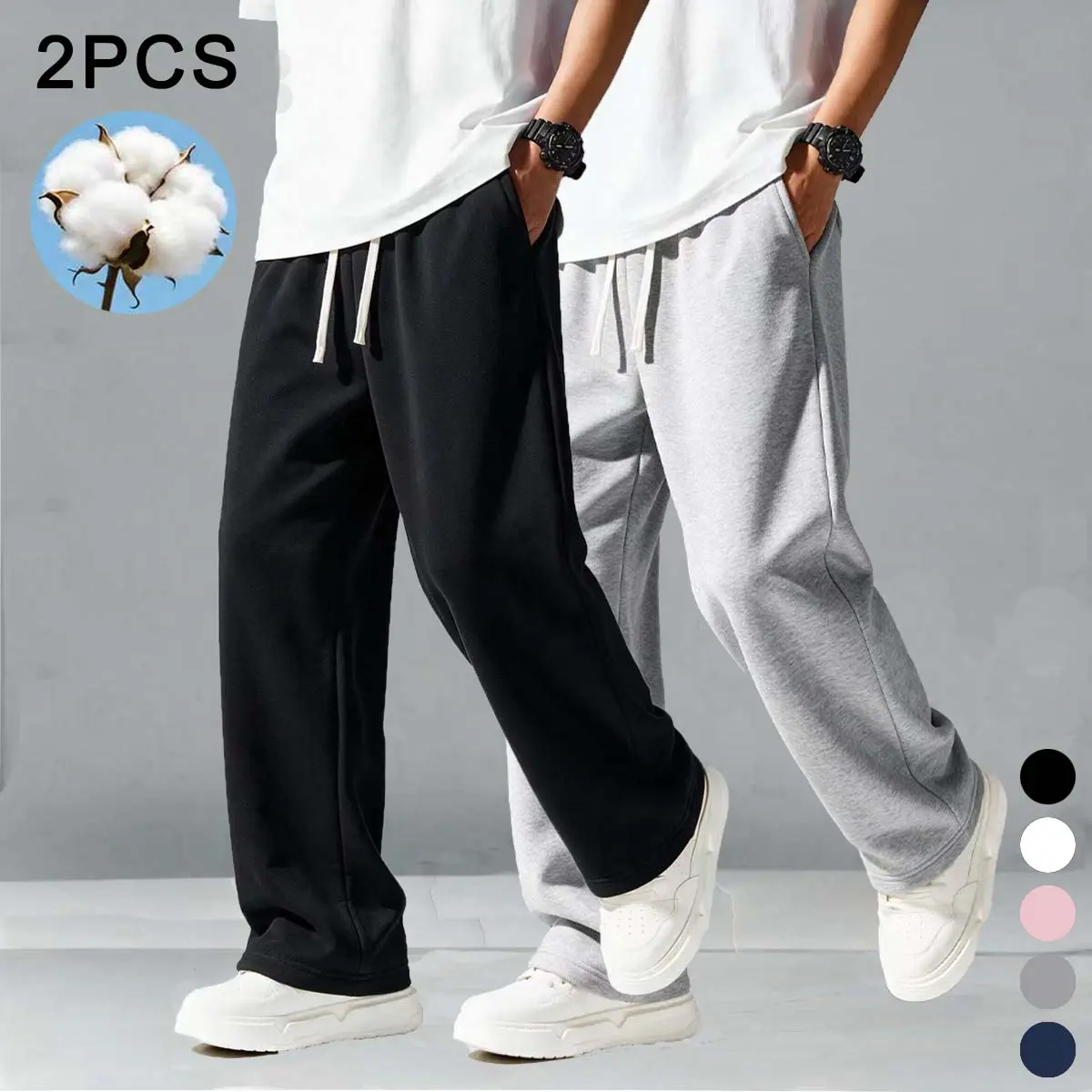 Men’s 2-Pack Pure Cotton Wide-Leg Sweatpants - Loose Straight Fit, Drawstring Waist, Side Pockets, Long Activewear for Casual Wear, Fitness, Men's Sweatpants, Cotton Sweatpants