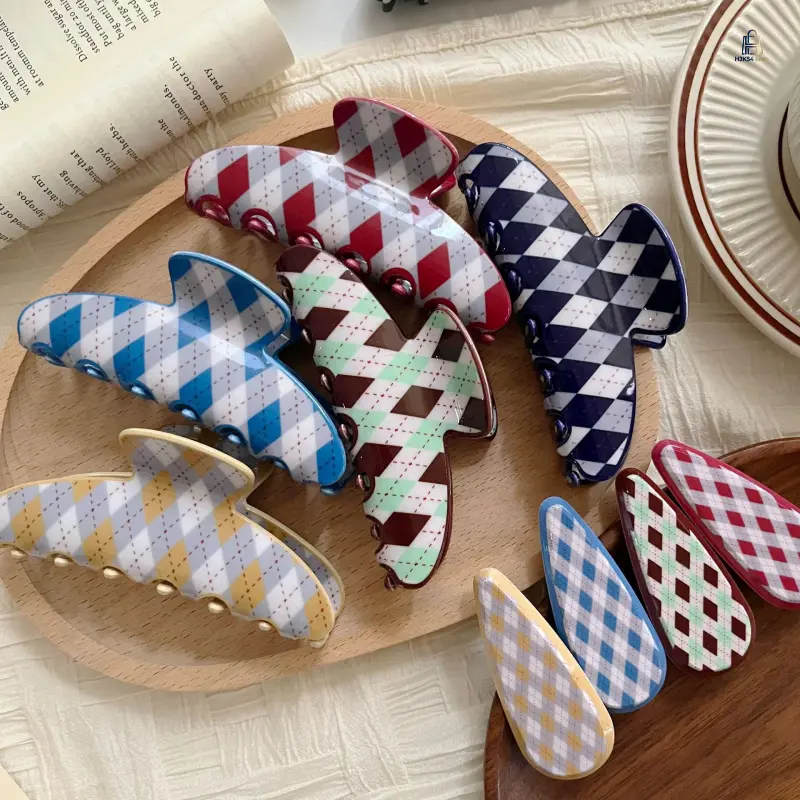 Diamond Plaid Shark Hair Claw, Hot Fresh Printed Hair Grip, Refined Women Hair Decor, Daily Hairstyle Fixing Accessory, Firm Non-slip Clip for Washing Face Commute Daily Gifts