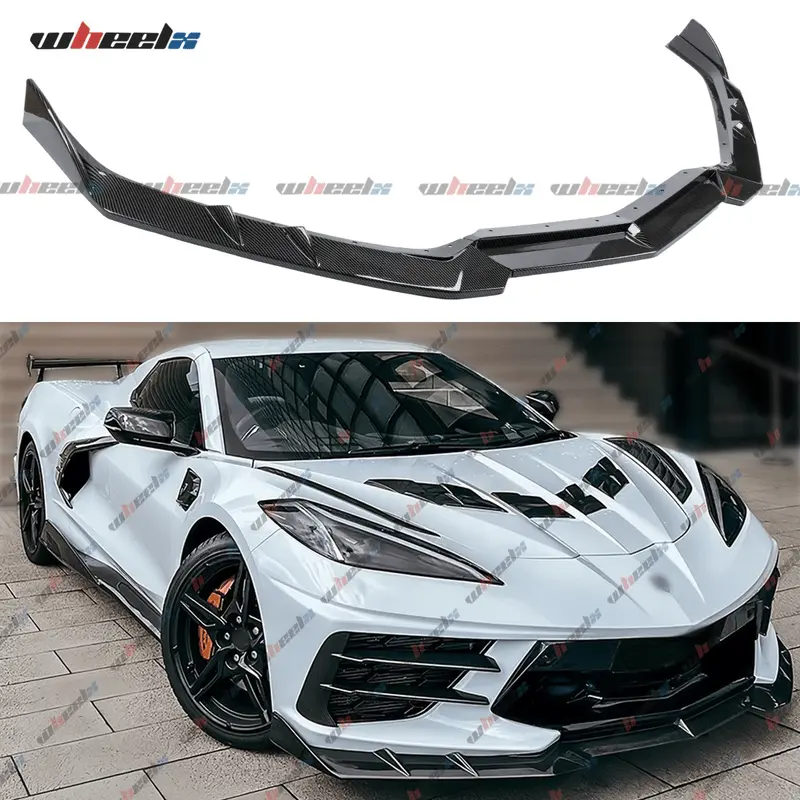 Front Bumper Lip Splitter Set for 2020-2025 Chevy Corvette C8 Z51 - Solid ABS Protective Lip Air Dam Spoiler Lower Chin Body Part with Aggressive Look, Includes Screws (Gloss Black/Carbon Fiber Look/Carbon Flash Painted), Three-Piece Kit