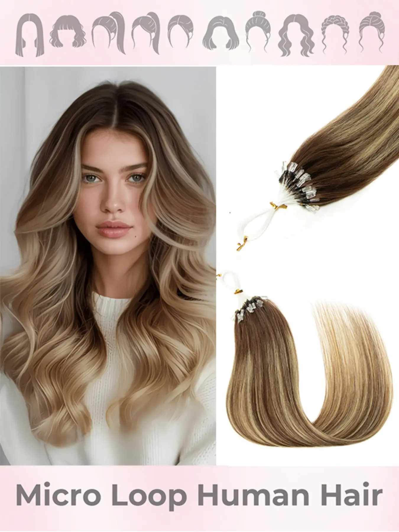 Straight Ombre Micro Loop Human Hair Silky 50pcs/pack Seamless Loop Ring Hair Extensions Lightweight 30g for Women