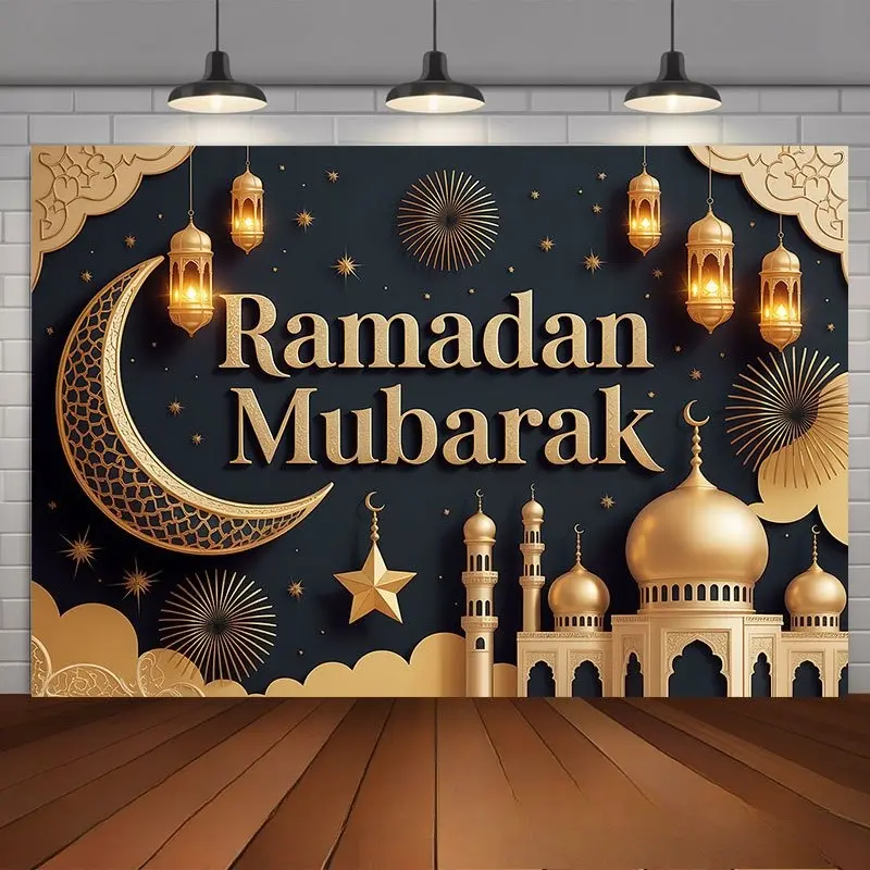 Ramadan Mubarak Celebration Backdrop Banner Polyester Fabric Tapestry Photo Background Wall Hanging Party Decor Wedding Birthday Ceremony Indoor Outdoor Festive Home Event Decoration