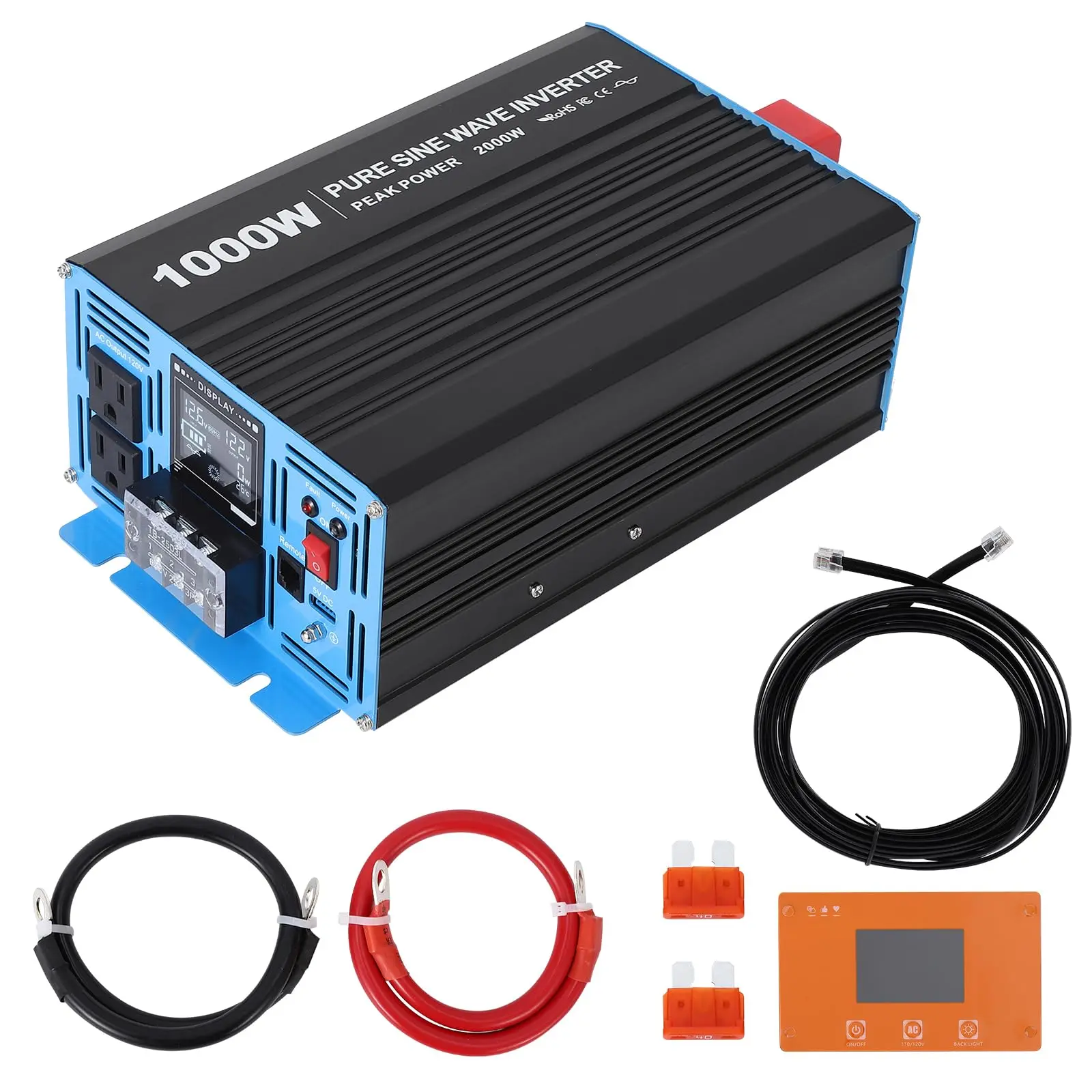 GARVEE Standard Pure Sine Wave Power Inverter - 2000W 12V DC to 110V/120V AC, Peak 4000W, Remote Control, USB Port, LED Screen, Terminal Blocks for Home Users & AC Appliances, Remote Ctrl