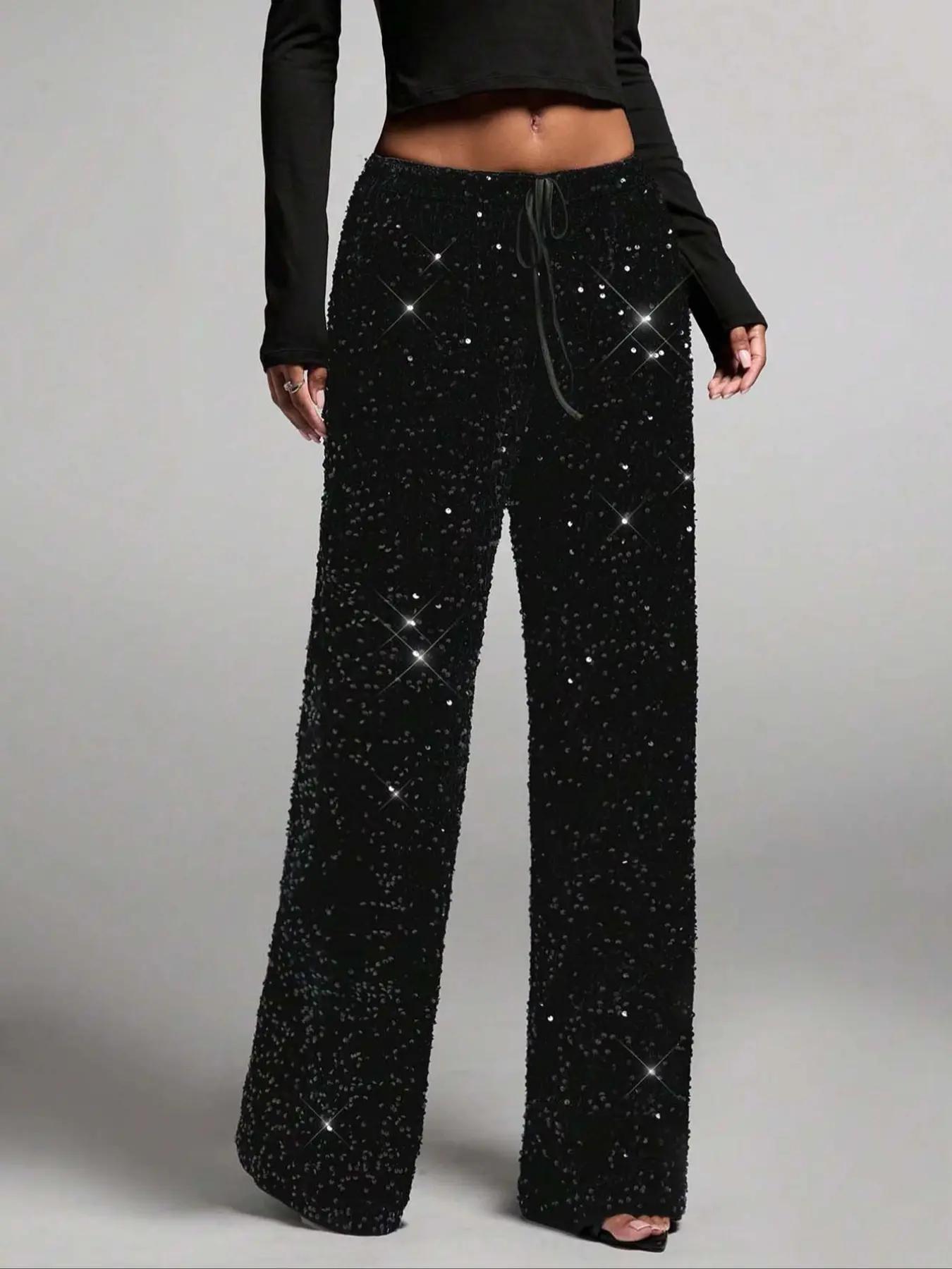 Women's Fashion Pants with Elastic Waistband, Bow Design, Sequins Detailing, Chic Stylish Fitted Trousers Bottoms for Casual Wear