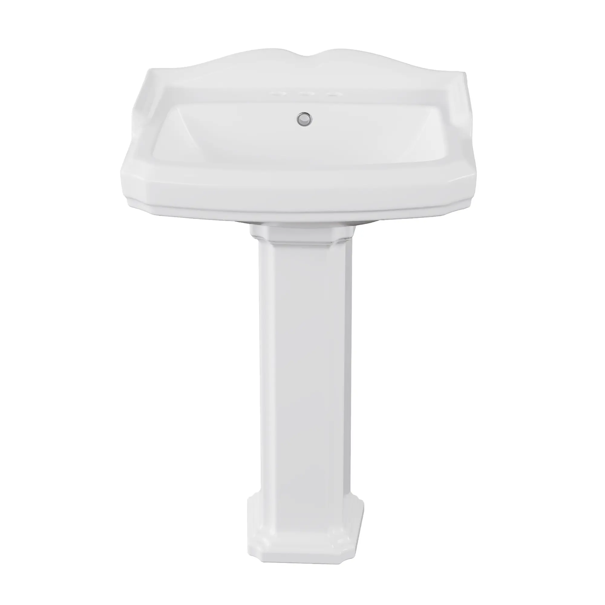 Pedestal Bathroom Sink, Classic White Ceramic Construction, 23 X 19 Inch Basin with Backsplash, 3 Pre-Drilled 8 Inch Widespread Faucet Holes, Space-Saving Fixture for Small Bathroom Renovations