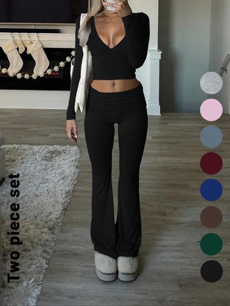 Slim-Fit Crop Top & Pants Two-Piece Set, Solid Color V-Neck Long Sleeve for Fall and Winter, Airport Outfit Slim-Fit Crop Top & Pants Two-Piece Set, Solid Color V-Neck Long Sleeve for Fall and Winter, Airport Outfit