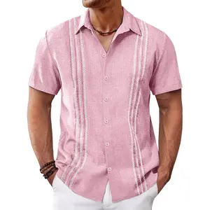 Mens Cuban Guayabera Shirts Short Sleeve Button Down Casual Summer Beach Wedding Embroidered Linen Tops(Gift)