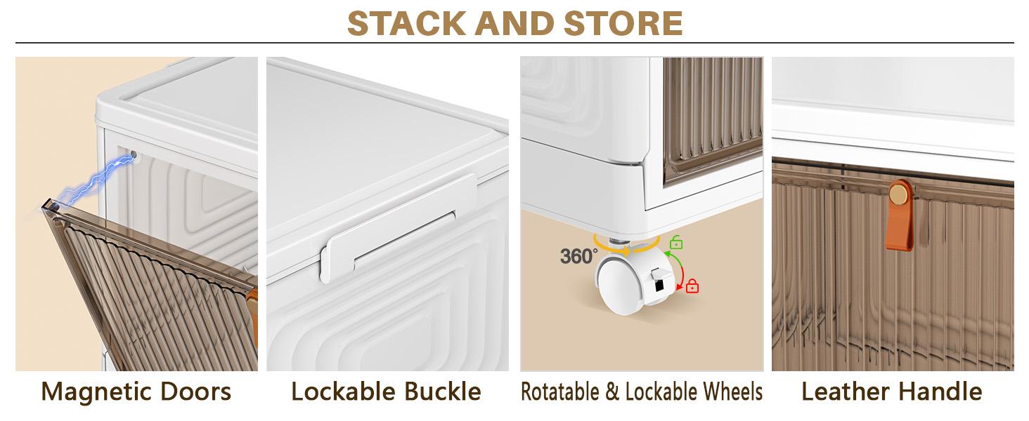 4 Tier Plastic Storage Bins with Lid 24QT, Stackable Storage Containers with Wheels, Folding Storage Boxes, Collapsible Storage Bins, Closet Organizers and Storage for Living Room,Office,Dorm