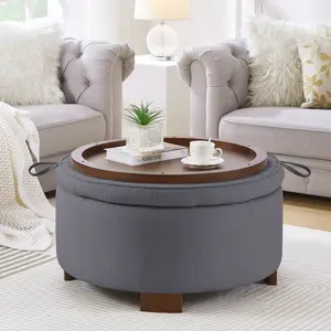 Round Storage Ottoman with Reversible Lid - Boucle Fabric Upholstered Footstool, Hidden Storage Compartment, Wooden Legs, Dual-Purpose Seat & Side Table for Living Room, Bedroom - DARK GRAY