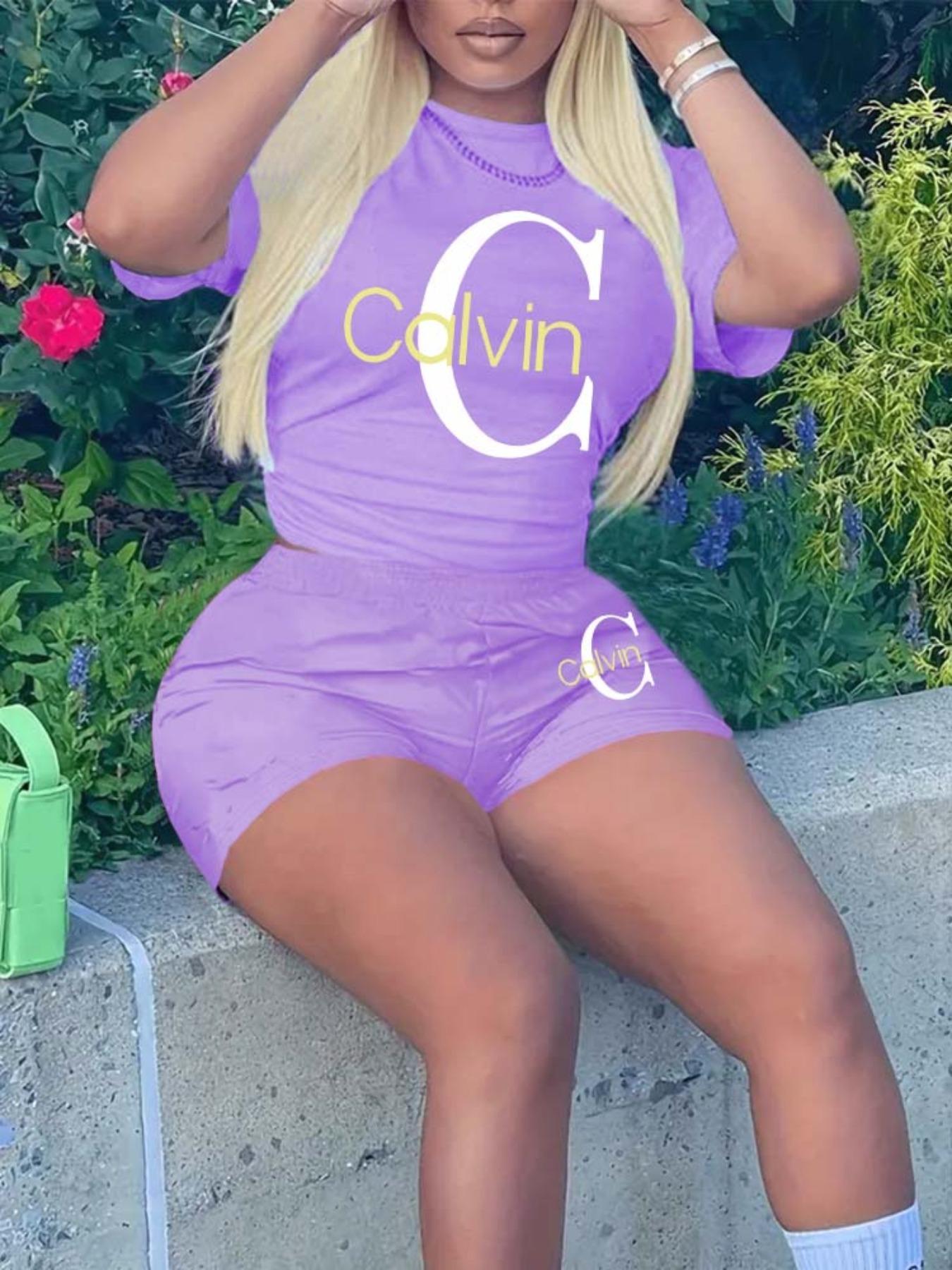 Fashionable Women's Heart Print Letter Pattern Knitwear Set, Regular Length Fitted Tops, Thin Fabric Short Sleeve T-Shirt and Shorts, All Seasons Casual Womenswear