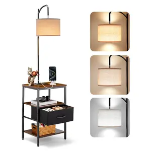 VEVOR Floor Lamp with Table, 3-Tier End Table with Drawer and 3 Color Temperature Lighting, Modern Side Nightstand Bedside Desk with USB Type C AC Charging Port for Living Room, Bedroom, Dorm