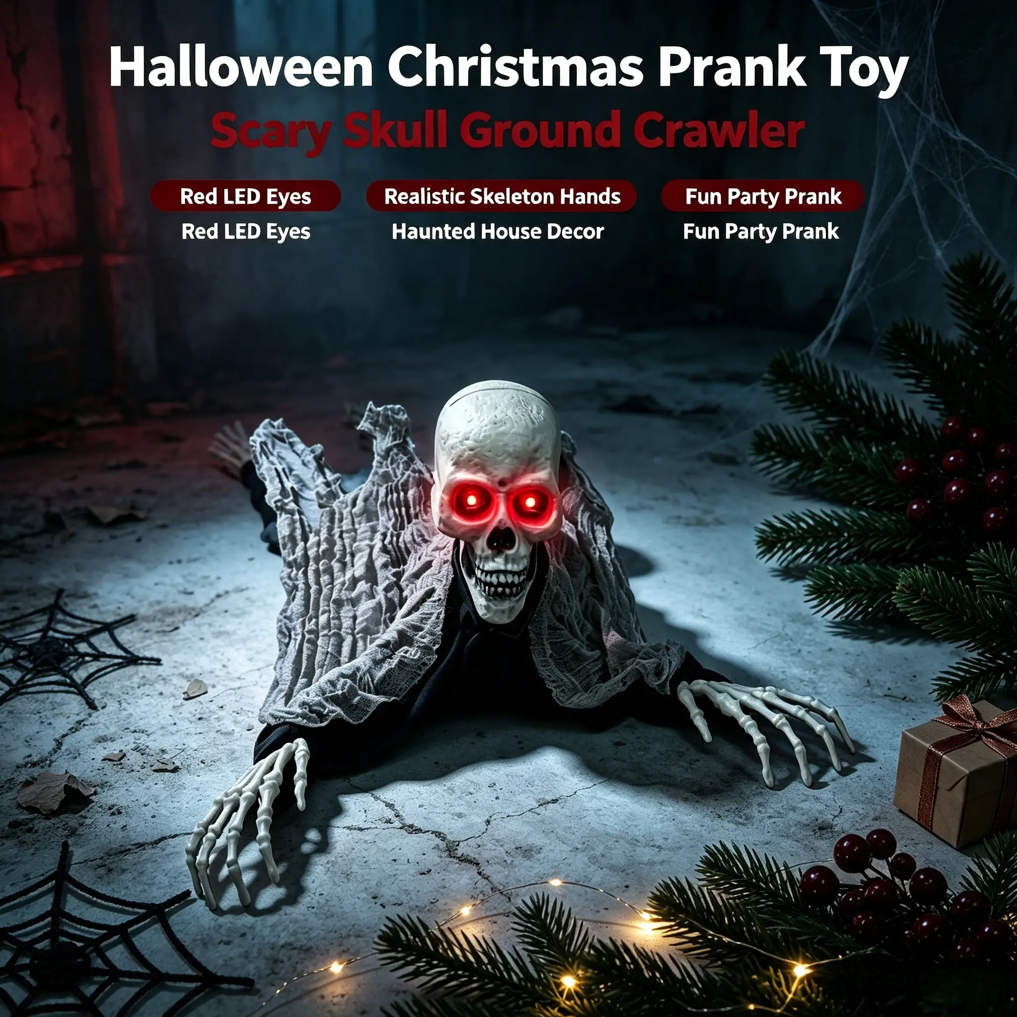 Voice Activated Ground Crawling Skeleton Ghost Halloween Decor, Sound Triggered Scary Prank Prop with Glowing Red LED Eyes, Waving Hands, Swinging Head & Creepy Ghost Sounds, Outdoor Yard Porch Haunted House Decoration, Requires 3 AA Batteries