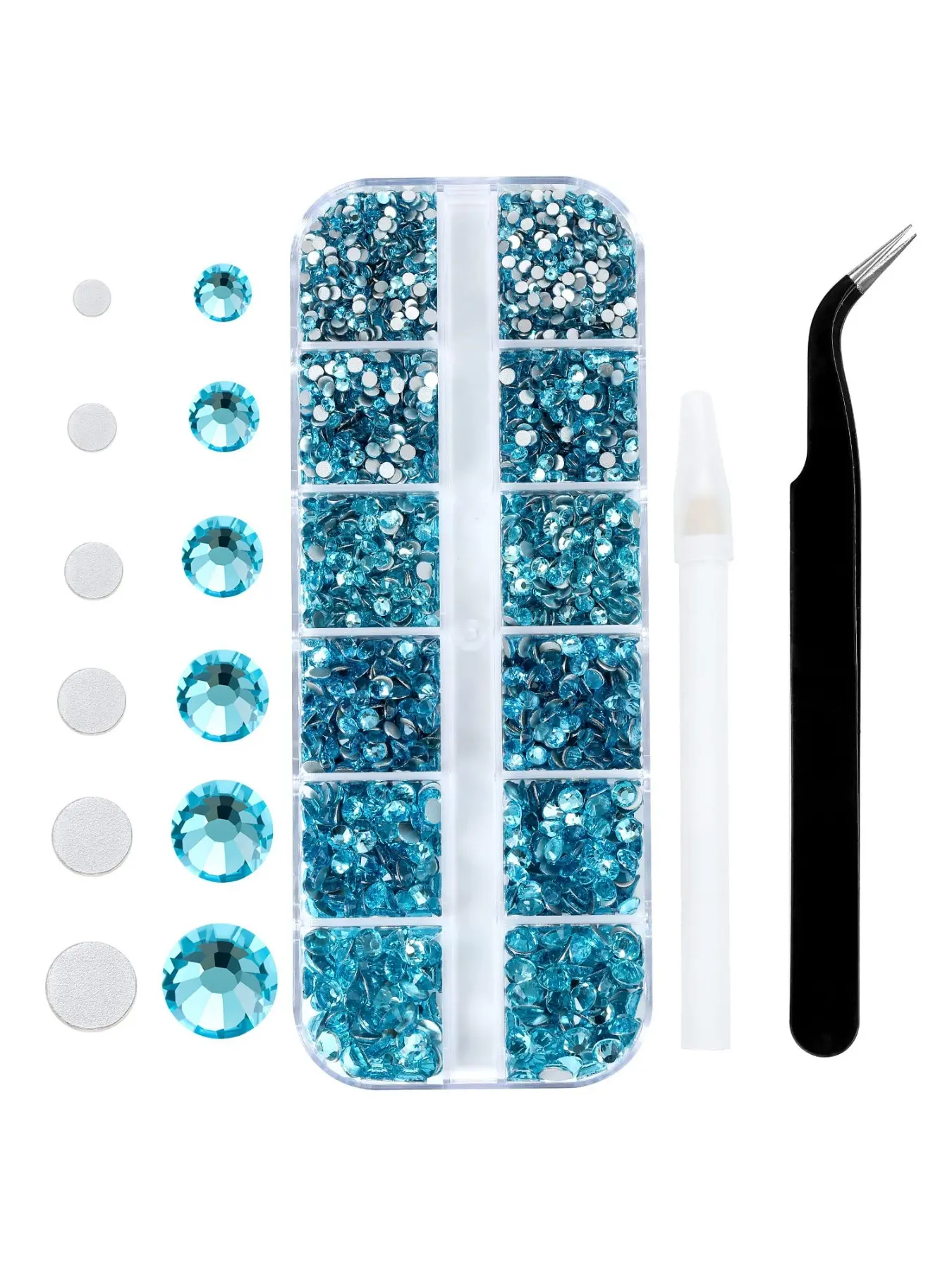 2000pcs Aquamarine Flatback Rhinestones 6 Sizes Crystal Diamonds for Nail Art Crafts Clothes Shoes with Tweezers And Picking Pen Nail Art Supply