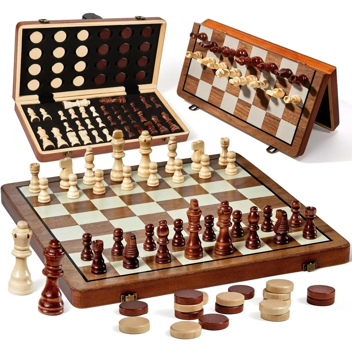 2 in 1 Magnetic Wooden Chess & Checkers Set, 15" Foldable Board | Magnetic Chess Pieces, Non-Magnetic Checkers, Portable Set with Storage Slots, 2 Extra Queens, Beginner Chess for Kids & Adults