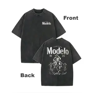 Modelo 1925 Western Cowboy Graphic Tee, Vintage Washed Double-Sided Cotton T-Shirt, Classic Streetwear Short Sleeve Summer Shirt