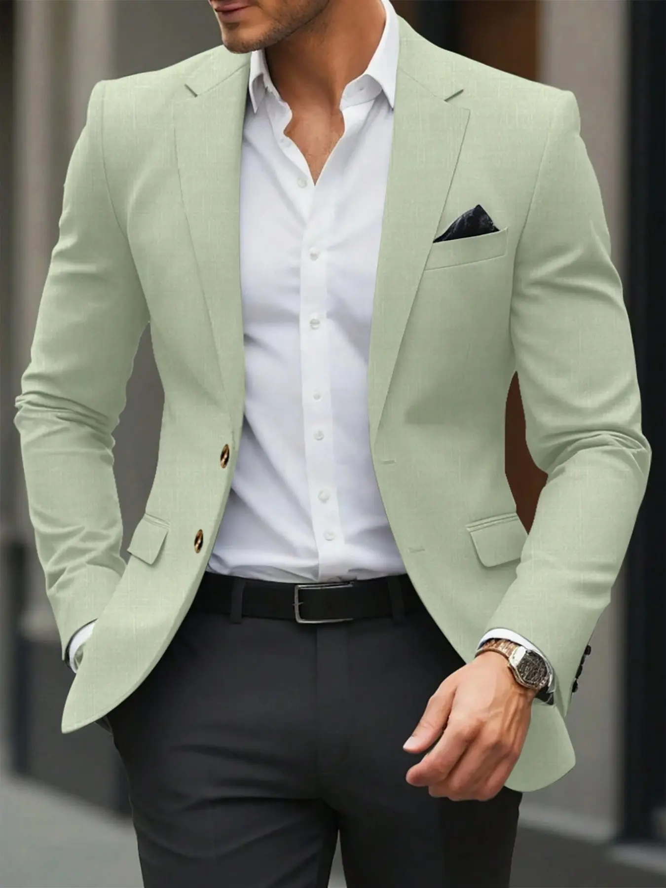 Men's Fashion Polyester Slim Fit Two-Button Notch Lapel Blazer, Casual Pocket Jacket, Wedding Party Daily Wear, Four-Season Gentlemen Coat, Multiple Colors Available