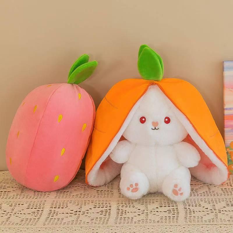 Cute Strawberry Carrot Bunny Plush Toy Set, Double-Sided Soft Stuffed Animal, Ideal Valentine's Day & Easter Gift for Girlfriend & Adorable Room Decoration