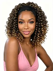 Vivid Ginger Thick Deep Wave Headband Wig 14 Inches, Zero Lace Glueless Quick Wear Synthetic Hairpiece for All Ladies, Dense Natural Curly Texture Without Complicated Styling Steps, Great for Outdoor Picnics, Night Events and Short Weekend Travel Outfits
