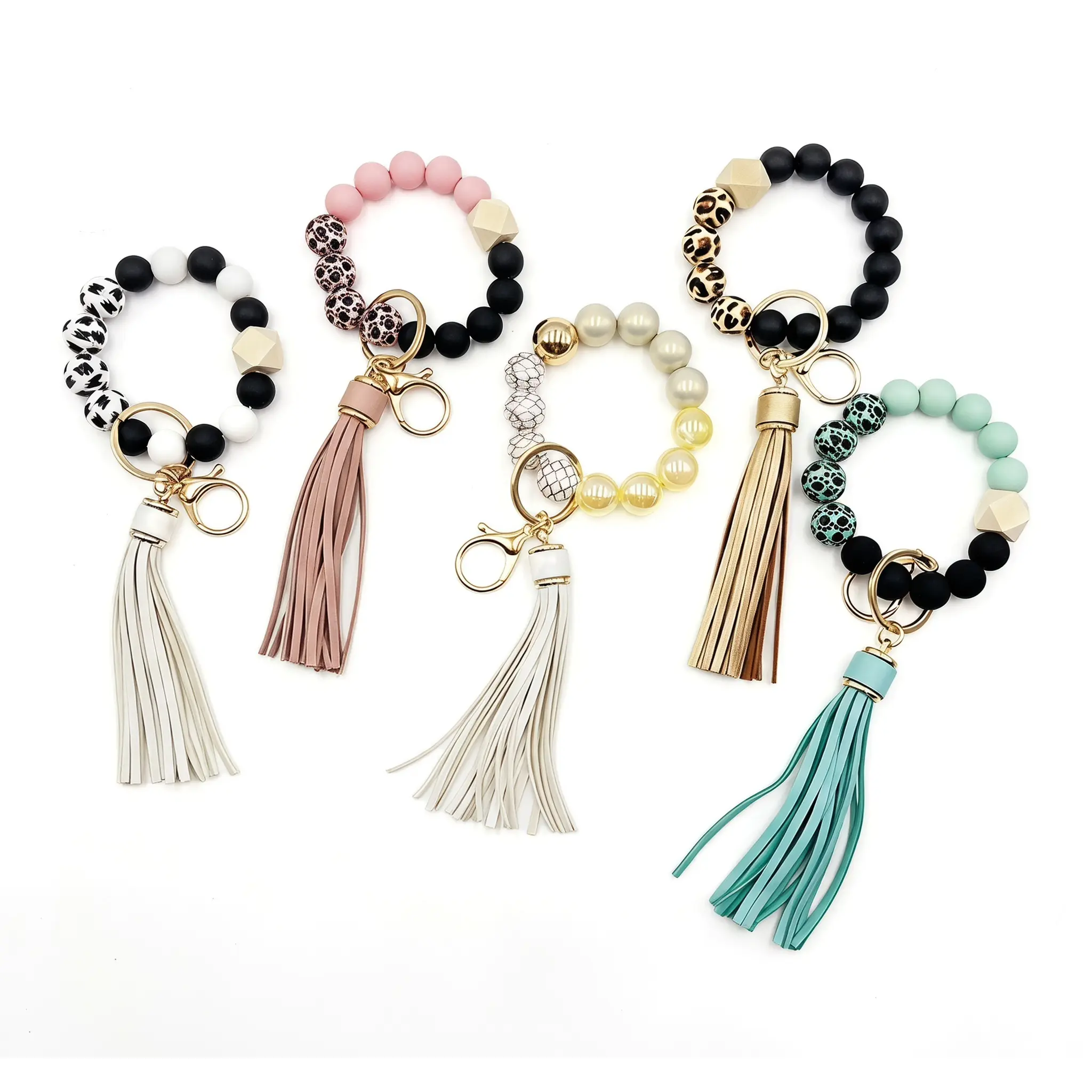 Silicone Bead Bracelet Keychain Bag Charm Wood Bead Tassel Wristlet Cute Everyday Essential For Keys Or Purse American Style