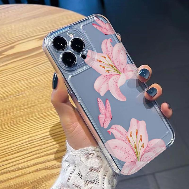 Chic Lily Charm TPU Pattern Phone Case for iPhone 17 15 16 14 Pro Max 13 12 11 XR XS Plus Air  Anti-Yellowing Shockproof Protection Lightweight Transparent Soft Cover Cellphone Protective Durable Protector