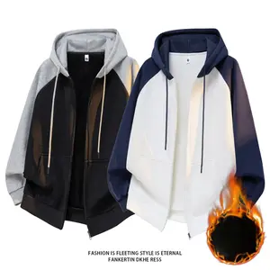 Heavyweight Silver Fox Fleece Color Block Patchwork Zip-Up Hoodie, Men's Trendy Oversized Raglan Sleeve Designer Pullover, Unisex Streetwear Jacket for Autumn