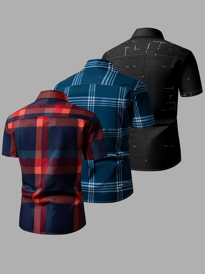 Men's Random Plaid Print Short Sleeve Shirt, Casual Party Shirt, Casual Regular Fit Button Collared Top for Summer, Men's Clothes for Daily Wear