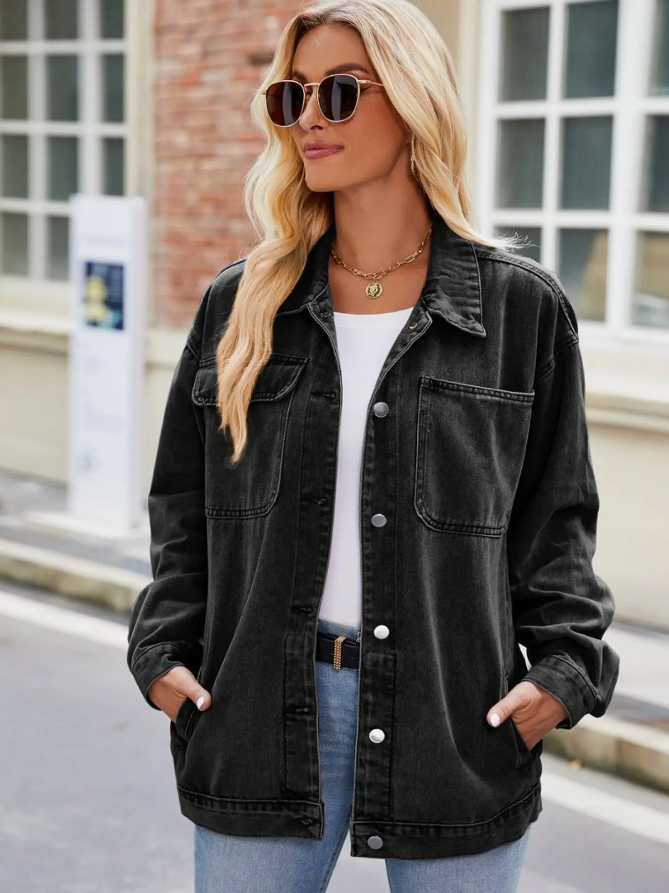 Denim Jacket, Coats, Drop Shoulder Design, Fashion Pocket Patchwork, Perfect for Everyday Casual Wear, Trendy Fashion Top, All Seasons, Loose-Fitting