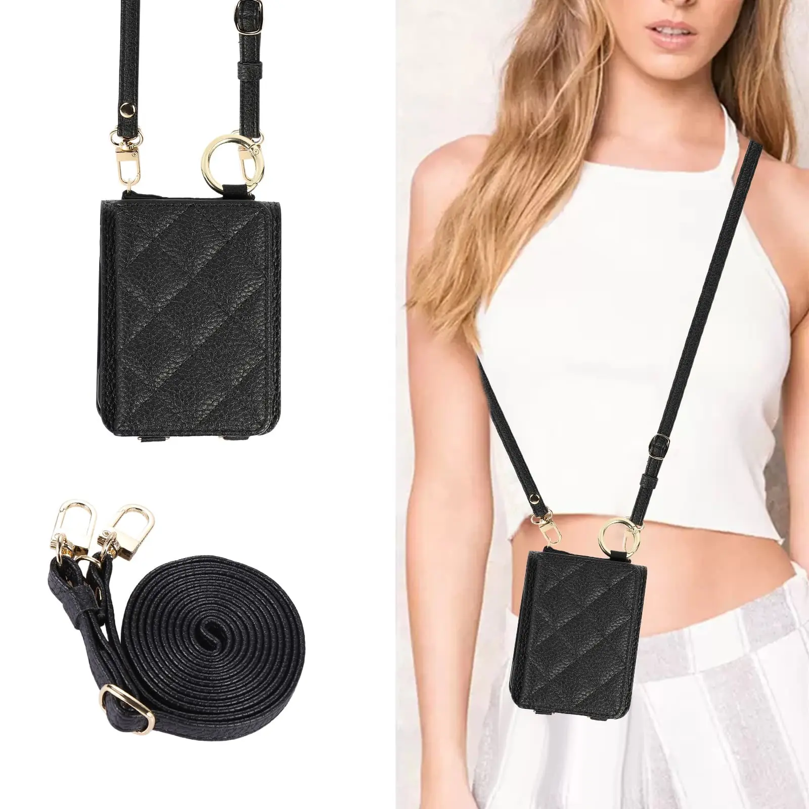 Rhombus Crossbody Card Case Phone Cover, Makeup Mirror Ring Stand Detachable Long Strap Multi-Card Wallet Full Protection for Samsung Galaxy Z Flip 8/7
