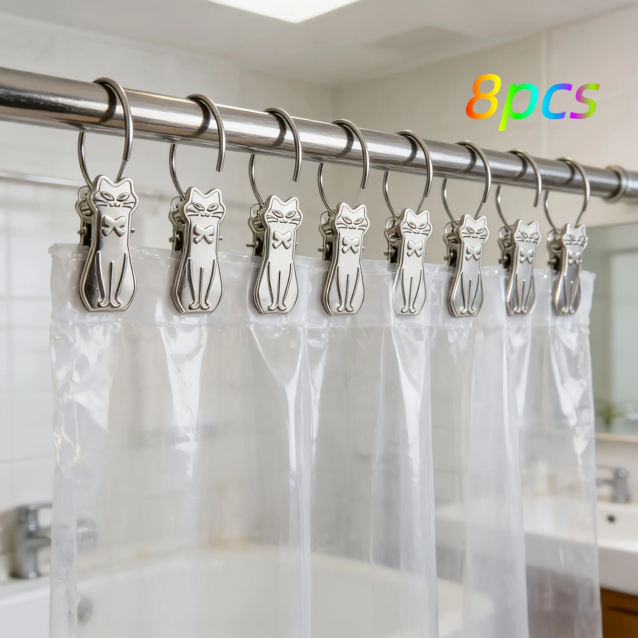 8-Pack Cat-Shaped Curtain Clips, Easy Install Shower Curtain Hooks, Secure Home Decor Accessories, Cute Design for Curtains and Windows