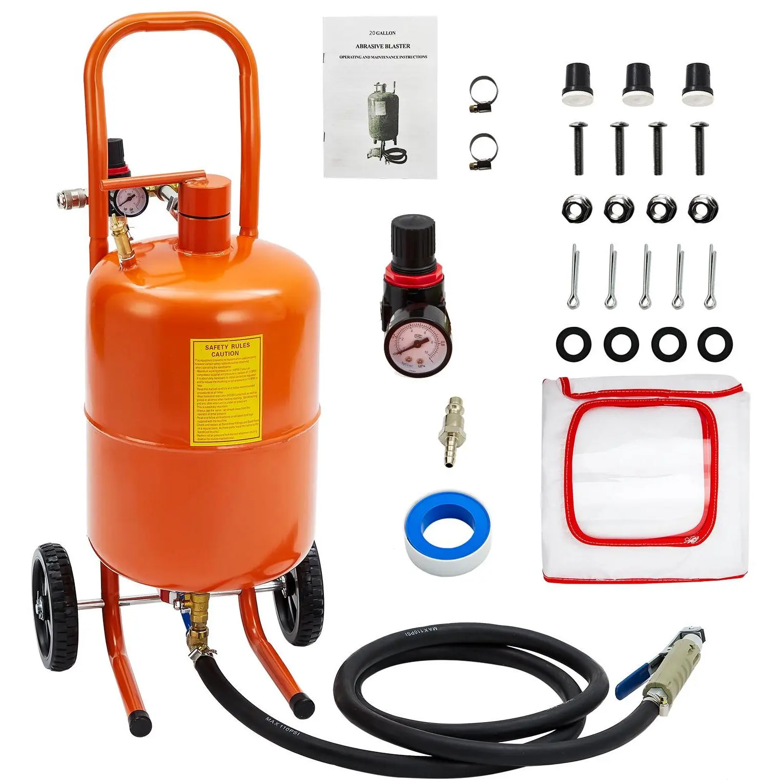 Garvee Wheeled Portable Sand Blaster Pressure Tank for Air Compressor, Abrasive Sandblasting Kit with 4 Ceramic Nozzles, Oil-Water Separator & Pressure Gauge, Removes Rust, Paint & Marks, 10/20 Gallon, Working Pressure 60–125 PSI