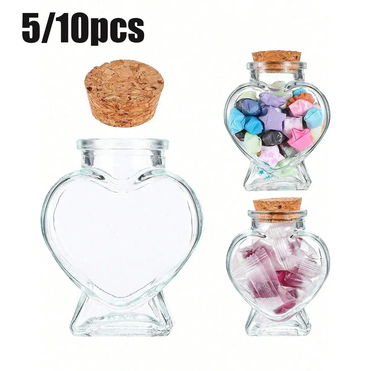 5/10 Hollow Mini Glass Heart Bottles with Corks, Transparent Heart Vases for DIY Crafts, Party Decor, Wedding, Christmas, Holiday Gifts
